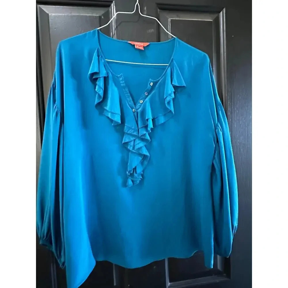 Sundance Blue V-Neck Frill Detail Silk Ruffle Blouse Size L
